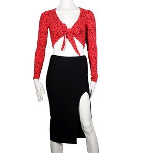 Babaton Women's Size 00 XXS Black Midi Elastic Waist Side Slit Knit Pencil Skirt